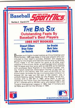 1986 Sportflics #177 Hot Rookies (Stew Cliburn / Brian Fisher / Joe Hesketh / Joe Orsulak / Mark Salas / Larry Sheets) Back