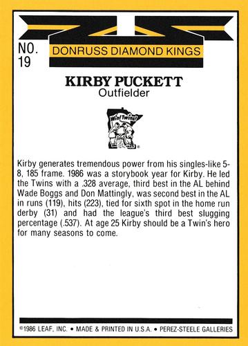1987 Donruss - Super Diamond Kings #19 Kirby Puckett Back