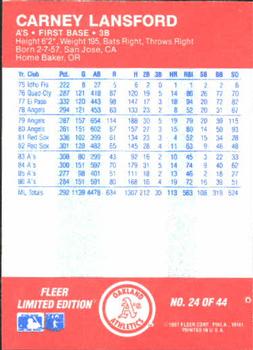 1987 Fleer Baseball All-Stars #24 Carney Lansford Back