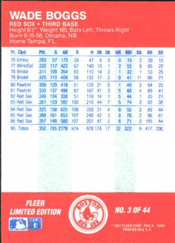 1987 Fleer Baseball All-Stars #3 Wade Boggs Back