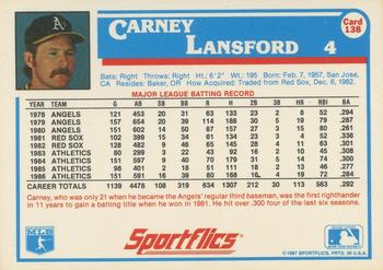 1987 Sportflics #138 Carney Lansford Back
