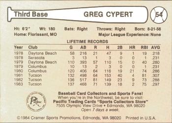 1984 Cramer Tucson Toros #54 Greg Cypret Back