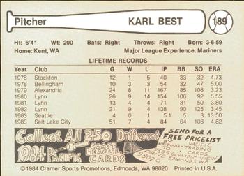 1984 Cramer Salt Lake City Gulls #189 Karl Best Back