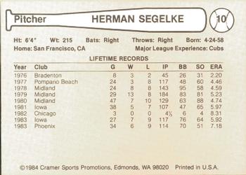 1984 Cramer Phoenix Giants #10 Herman Segelke Back