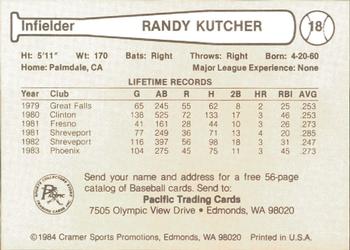 1984 Cramer Phoenix Giants #18 Randy Kutcher Back