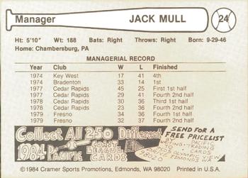 1984 Cramer Phoenix Giants #24 Jack Mull Back