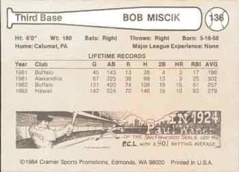 1984 Cramer Hawaii Islanders #136 Bob Miscik Back