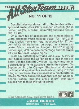 1988 Fleer - All-Star Team #11 Jack Clark Back