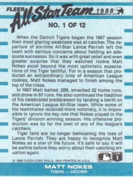 1988 Fleer - All-Star Team #1 Matt Nokes Back