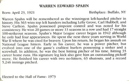 1995 Baseball's Hall of Famers Creating History #NNO Warren Spahn Back