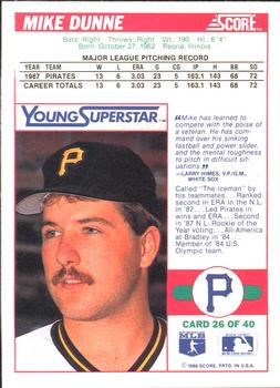 1988 Score - Young Superstars Series I #26 Mike Dunne Back