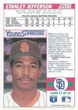 1988 Score - Young Superstars Series I #11 Stan Jefferson Back