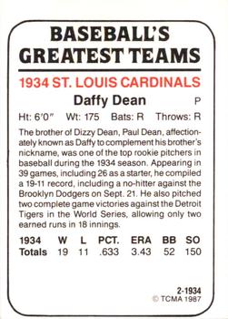 1987 TCMA 1934 St. Louis Cardinals #2 Daffy Dean Back