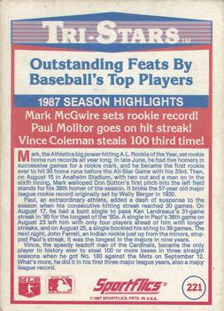 1988 Sportflics #221 Mark McGwire / Paul Molitor / Vince Coleman Back