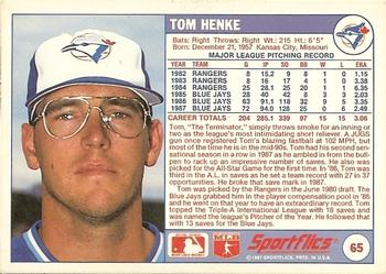 1988 Sportflics #65 Tom Henke Back