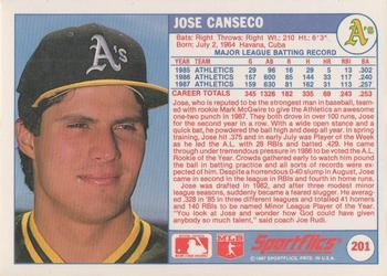 1988 Sportflics #201 Jose Canseco Back