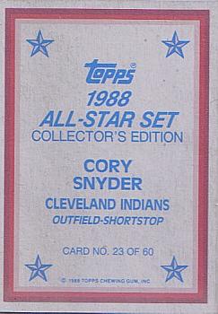 1988 Topps - 1988 All-Star Set Collector's Edition (Glossy Send-Ins) #23 Cory Snyder Back