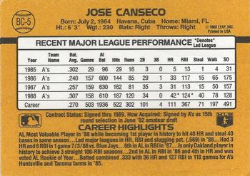 1989 Donruss - Bonus MVP's #BC-5 Jose Canseco Back