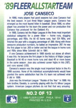 1989 Fleer - '89 Fleer All-Star Team #2 Jose Canseco Back