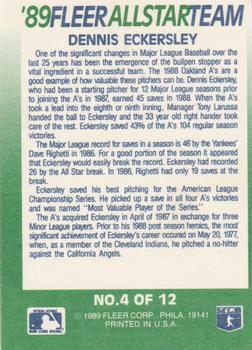 1989 Fleer - '89 Fleer All-Star Team #4 Dennis Eckersley Back