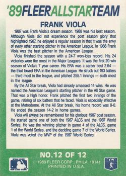 1989 Fleer - '89 Fleer All-Star Team #12 Frank Viola Back