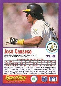 1990 Sportflics #23 Jose Canseco Back