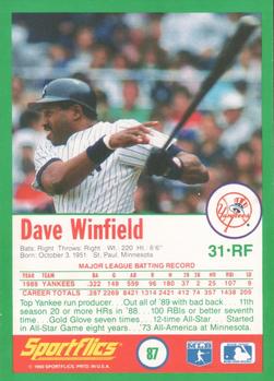 1990 Sportflics #87 Dave Winfield Back