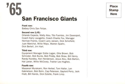 1992 AT&T San Francisco Giants Postcards #NNO 1965 Team Photo Back