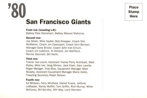 1992 AT&T San Francisco Giants Postcards #NNO 1980 Team Photo Back