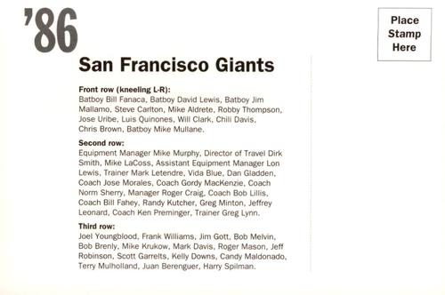 1992 AT&T San Francisco Giants Postcards #NNO 1986 Team Photo Back
