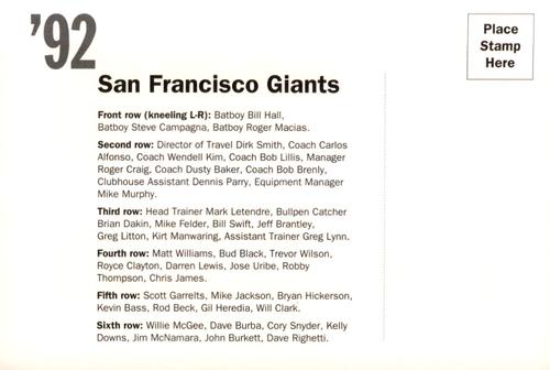 1992 AT&T San Francisco Giants Postcards #NNO 1992 Team Photo Back
