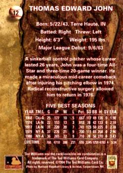 1994 Ted Williams #12 Tommy John Back