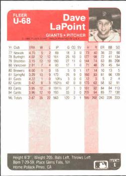 1985 Fleer Update #U-68 Dave LaPoint Back