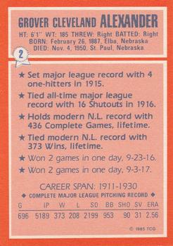 1985 Topps Woolworth All Time Record Holders #2 Grover Alexander Back