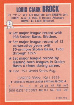 1985 Topps Woolworth All Time Record Holders #5 Lou Brock Back