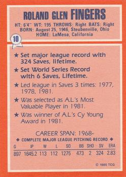 1985 Topps Woolworth All Time Record Holders #10 Rollie Fingers Back