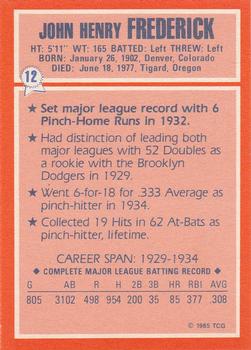 1985 Topps Woolworth All Time Record Holders #12 Johnny Frederick Back