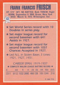 1985 Topps Woolworth All Time Record Holders #13 Frankie Frisch Back