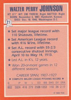 1985 Topps Woolworth All Time Record Holders #21 Walter Johnson Back