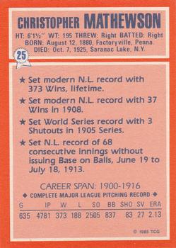 1985 Topps Woolworth All Time Record Holders #25 Christy Mathewson Back
