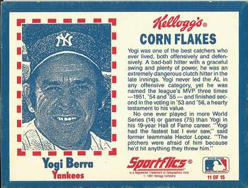 1991 Kellogg's Corn Flakes Baseball Greats #11 Yogi Berra Back