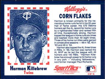 1991 Kellogg's Corn Flakes Baseball Greats #6 Harmon Killebrew Back