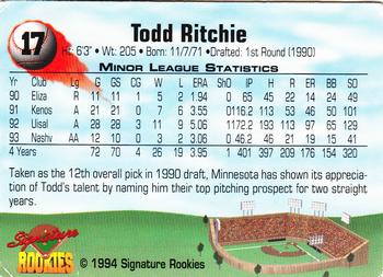 1994 Signature Rookies #17 Todd Ritchie Back