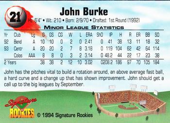 1994 Signature Rookies #21 John Burke Back