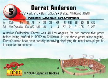 1994 Signature Rookies #5 Garret Anderson Back