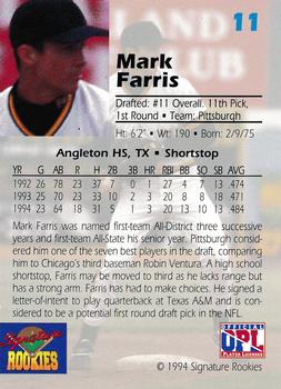 1994 Signature Rookies Draft Picks #11 Mark Farris Back
