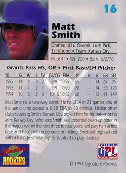 1994 Signature Rookies Draft Picks #16 Matt Smith Back