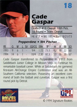 1994 Signature Rookies Draft Picks #18 Cade Gaspar Back