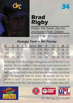 1994 Signature Rookies Draft Picks #34 Brad Rigby Back