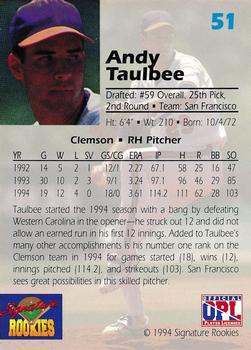 1994 Signature Rookies Draft Picks #51 Andy Taulbee Back
